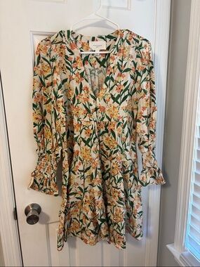 Pomander Place Cream Mini Dress with Green Leaves and Yellow-Orange Floral Print